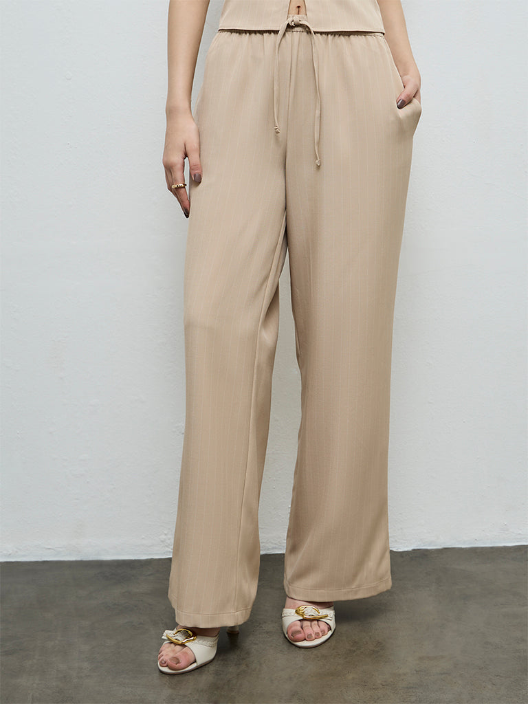 Nuon Beige Striped High-Rise Pants
