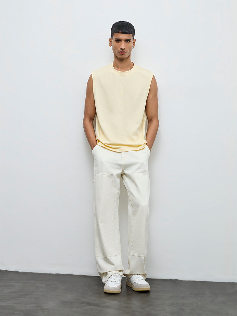Nuon Yellow Solid Relaxed Fit Cotton T-Shirt