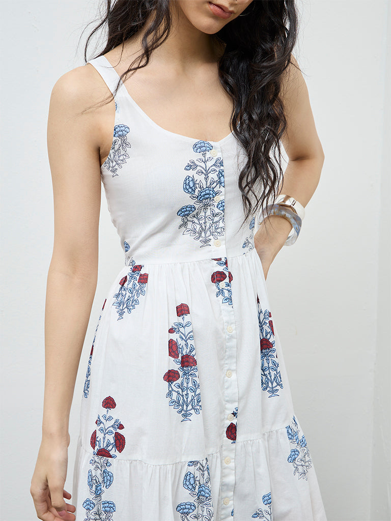 Bombay Paisley White Floral Cotton Tiered Dress