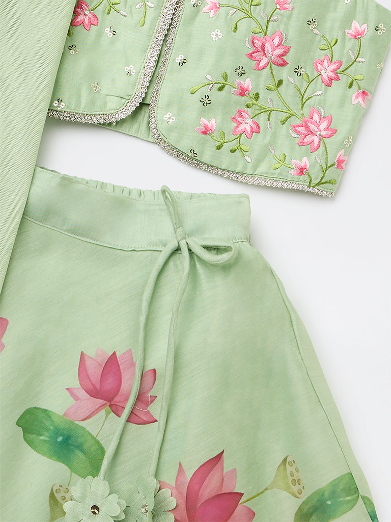 Utsa Kids Girls Mint Floral Printed Top Skirt and Dupatta Set - (2-8 yrs)