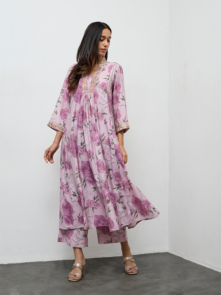 Utsa Lilac Floral Printed A-Line Kurta