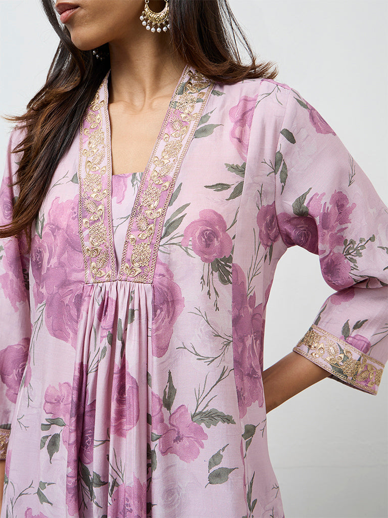 Utsa Lilac Floral Printed A-Line Kurta