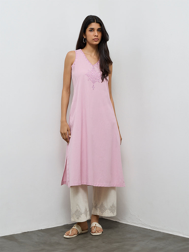 Utsa Lilac Embroidered Cotton-Blend A-Line Kurta