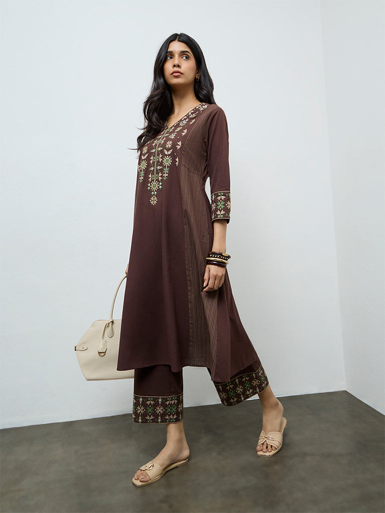 Utsa Dark Brown Aztec Embroidered Cotton-Blend A-Line Kurta