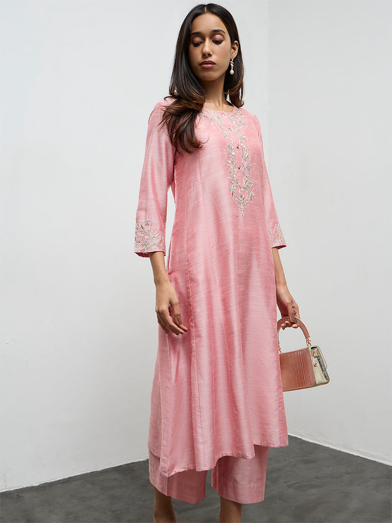 Utsa Pink Floral Embroidered A-Line Kurta