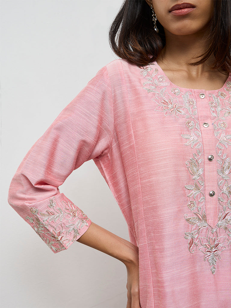 Utsa Pink Floral Embroidered A-Line Kurta