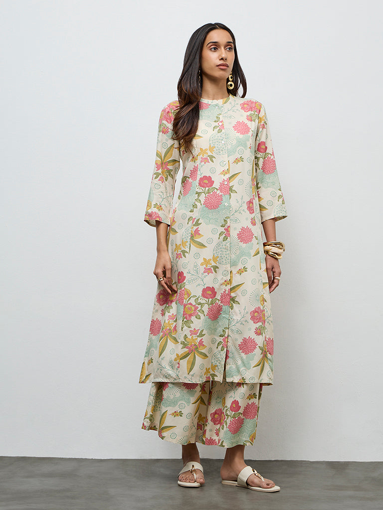 Utsa Cream Floral Printed A-Line Kurta
