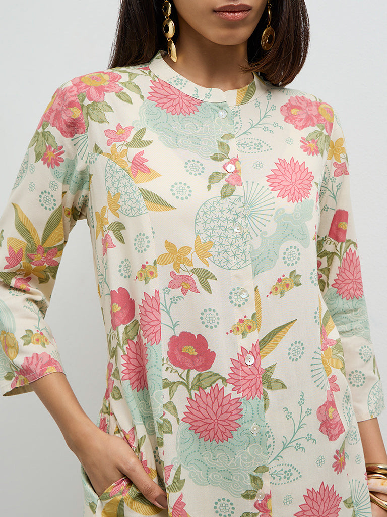 Utsa Cream Floral Printed A-Line Kurta