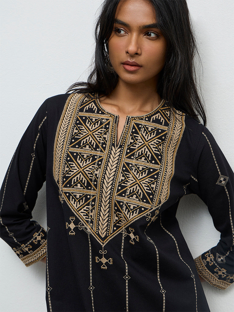 Utsa Black Embroidered Cotton-Blend A-Line Kurta