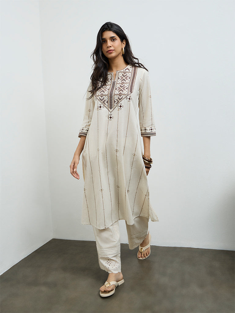 Utsa Off-White Aztec Embroidered Cotton-Blend A-Line Kurta