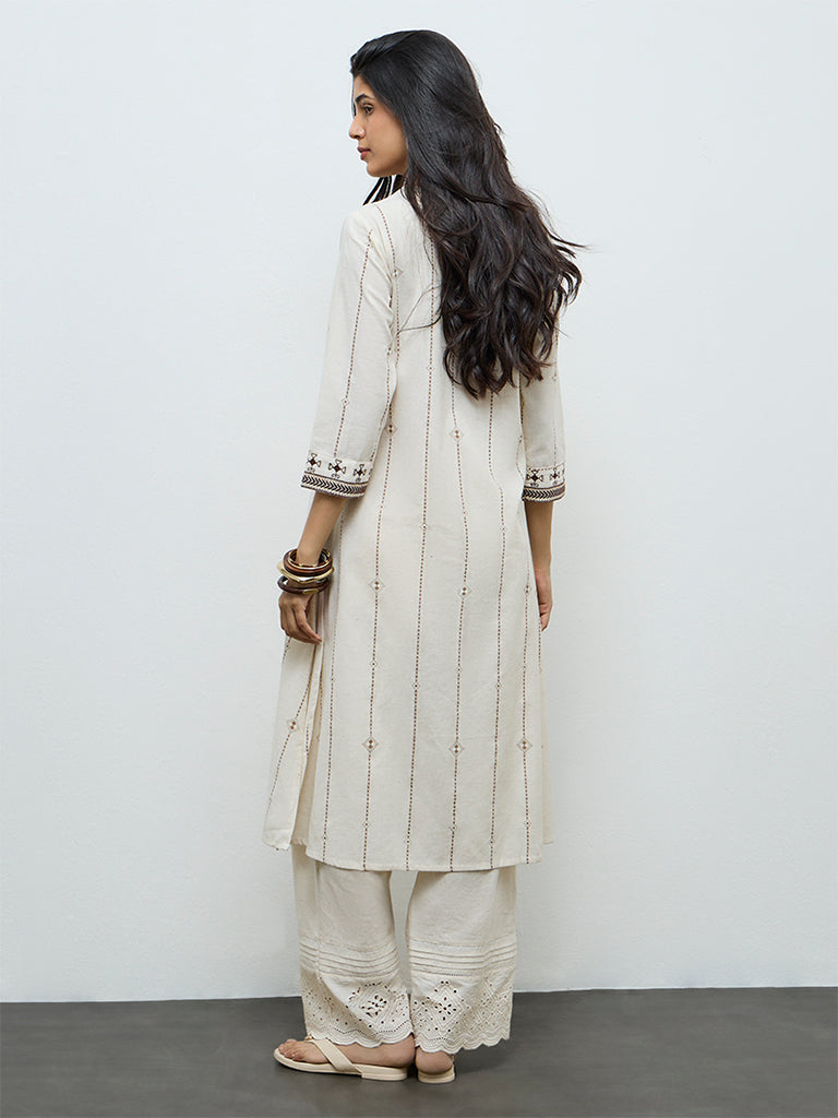 Utsa Off-White Aztec Embroidered Cotton-Blend A-Line Kurta
