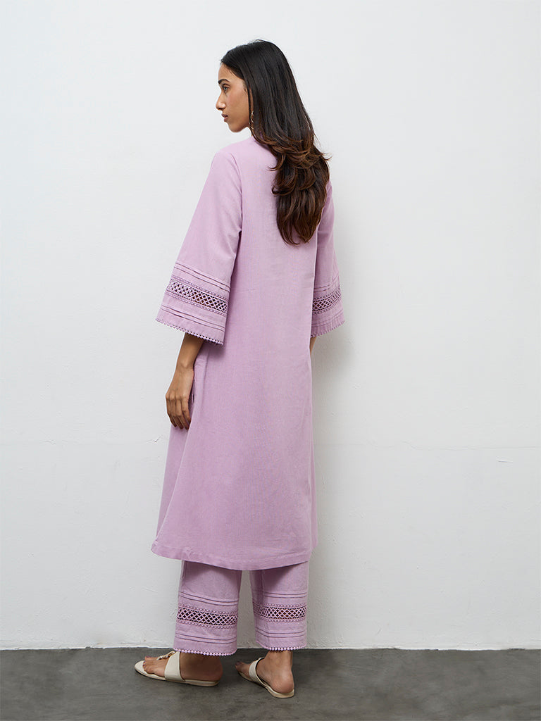 Utsa Lilac Embroidered Cotton-Blend A-Line Kurta