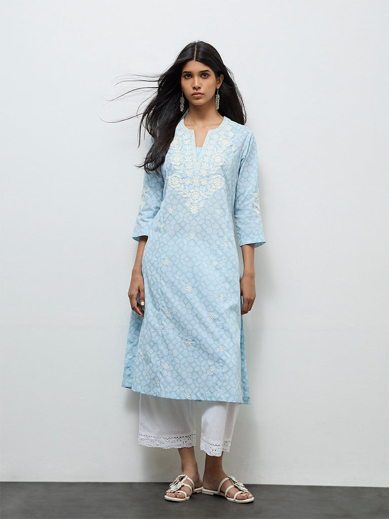 Utsa Light Blue Floral Embroidered Cotton-Blend  A-Line Kurta
