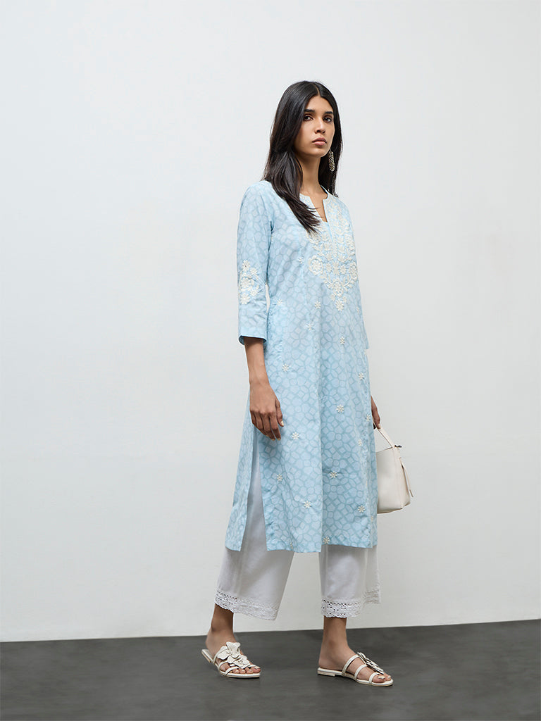 Utsa Light Blue Floral Embroidered Cotton-Blend  A-Line Kurta