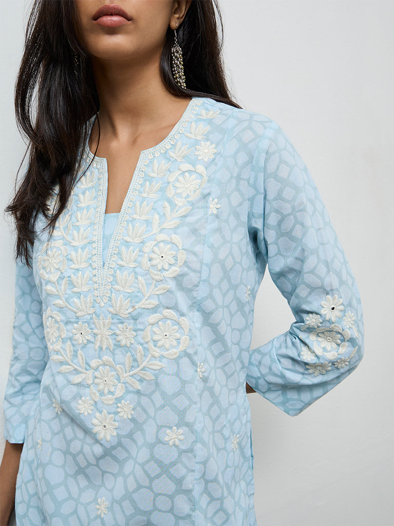 Utsa Light Blue Floral Embroidered Cotton-Blend  A-Line Kurta