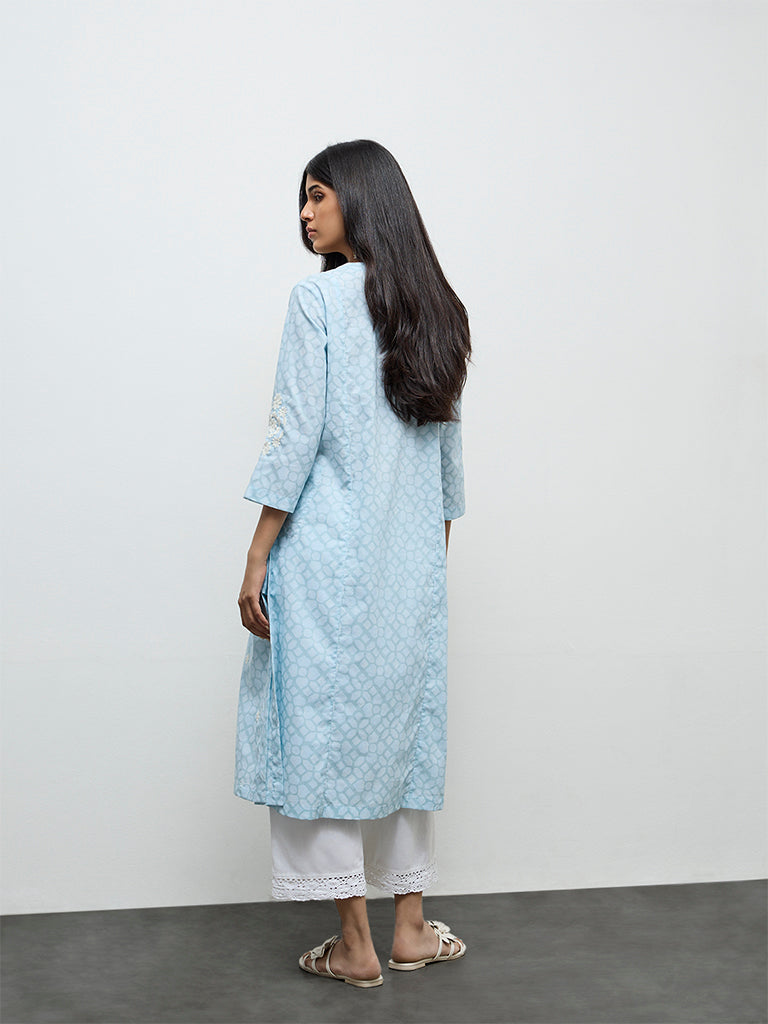 Utsa Light Blue Floral Embroidered Cotton-Blend  A-Line Kurta