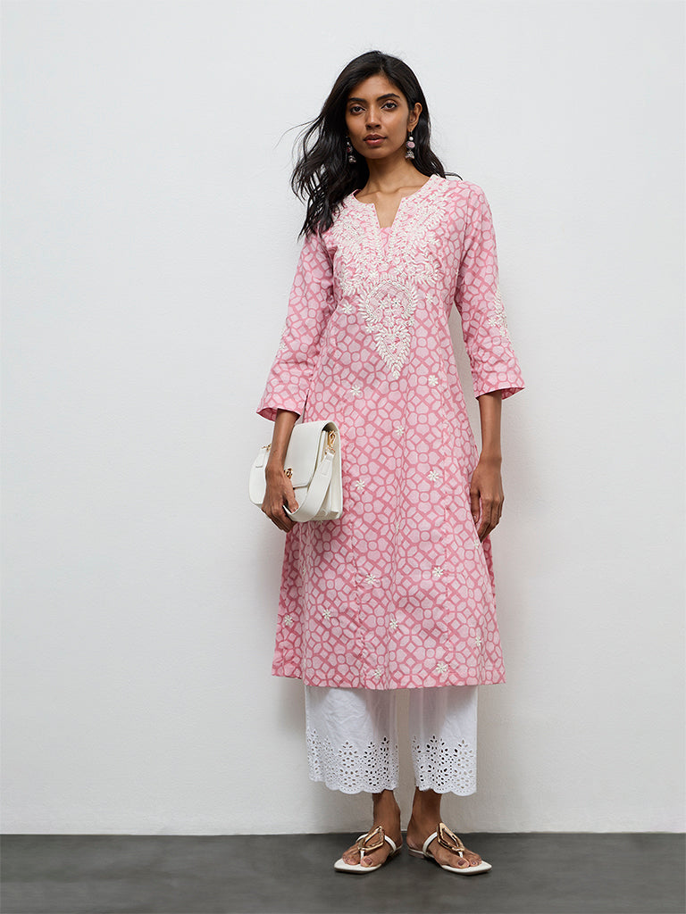 Utsa Pink Printed Cotton-Blend A-Line Kurta