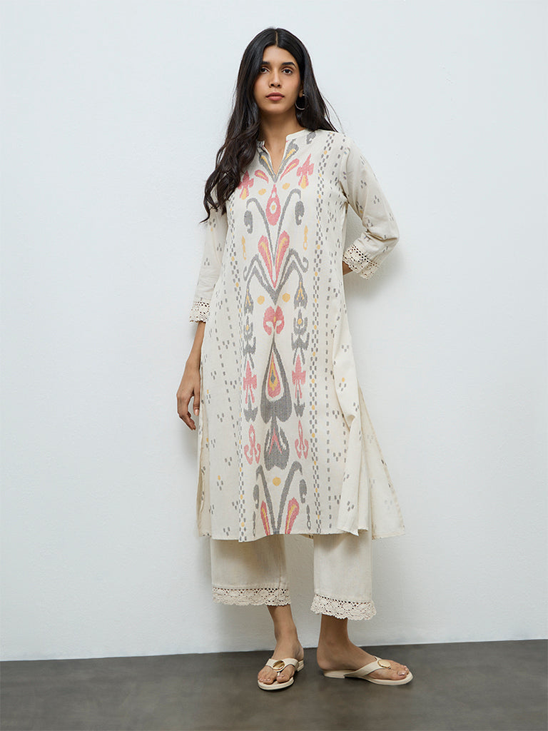 Utsa Off-White Ikat Printed Cotton-Blend A-Line Kurta