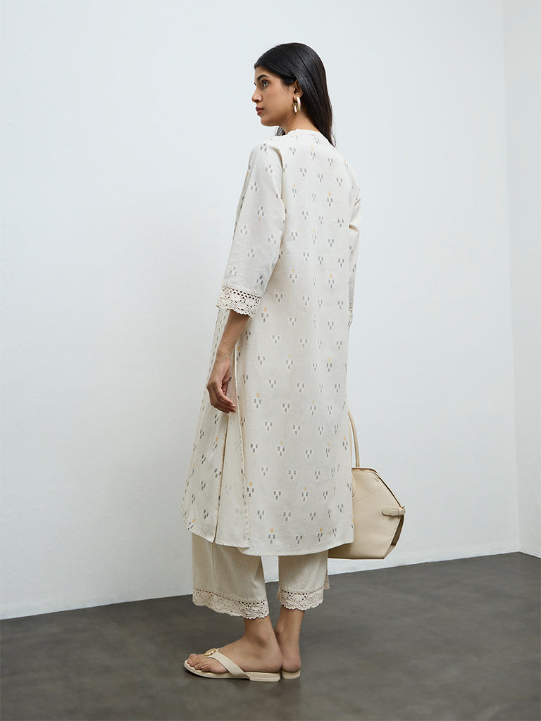 Utsa Off-White Ikat Printed Cotton-Blend A-Line Kurta