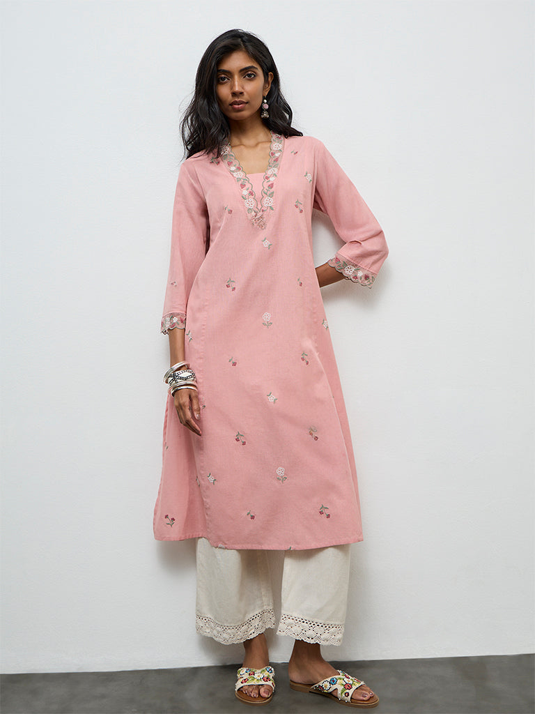 Utsa Pink Floral Embroidered A-line Cotton-Blend Kurta