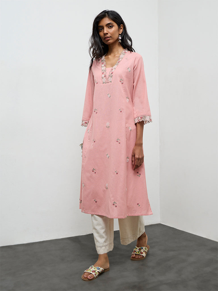 Utsa Pink Floral Embroidered A-line Cotton-Blend Kurta