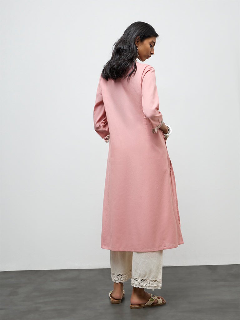 Utsa Pink Floral Embroidered A-line Cotton-Blend Kurta