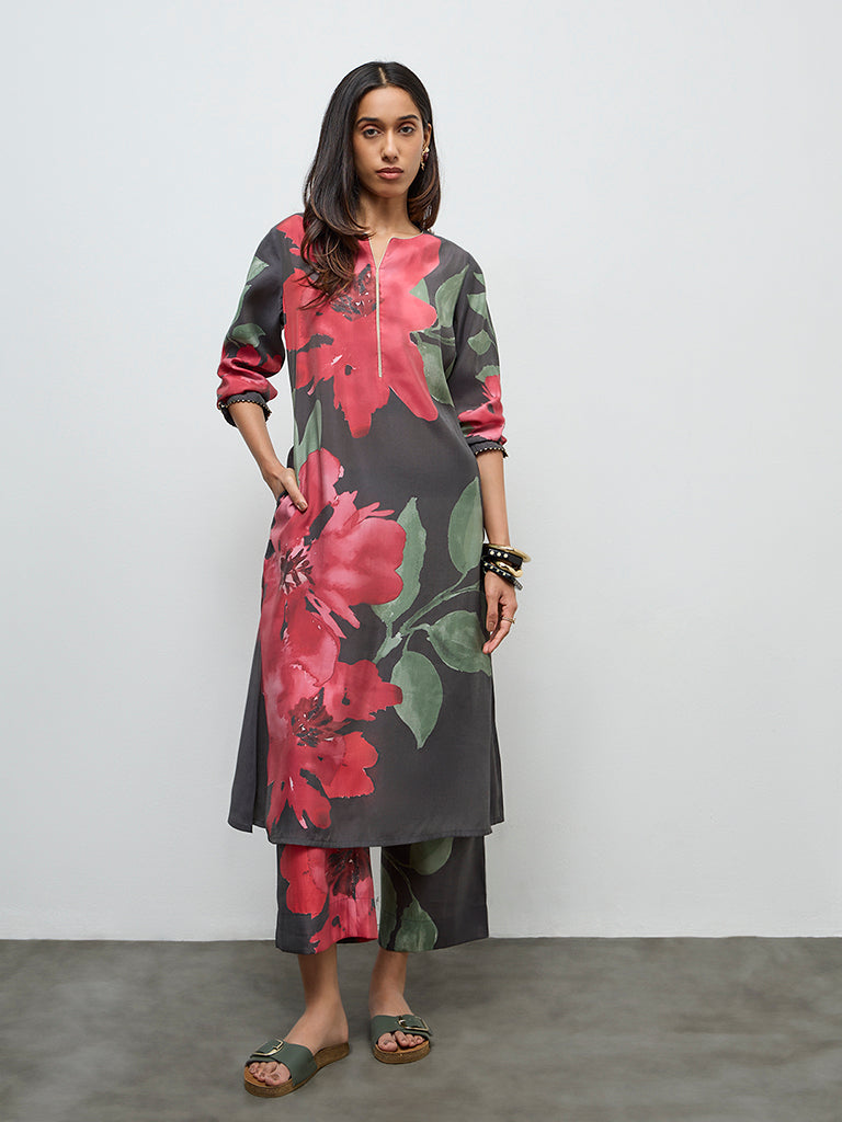 Utsa Charcoal Floral Detailed A-Line Kurta