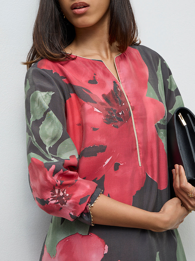 Utsa Charcoal Floral Detailed A-Line Kurta