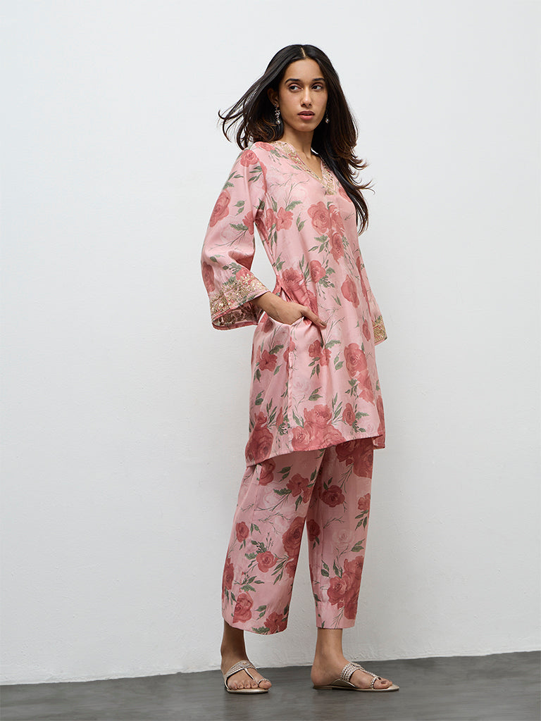 Utsa Dusty Pink Botanical Design A-Line Kurta