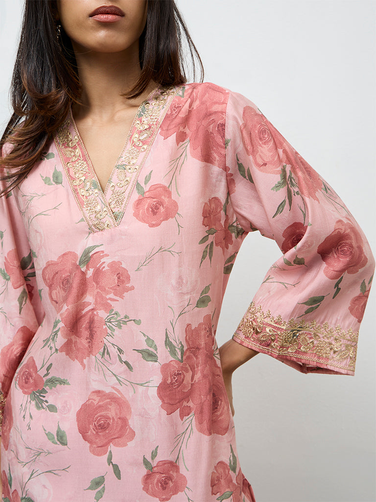 Utsa Dusty Pink Botanical Design A-Line Kurta