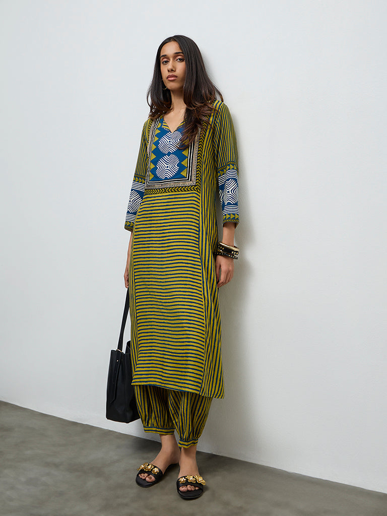 Utsa Olive Striped A-Line Kurta