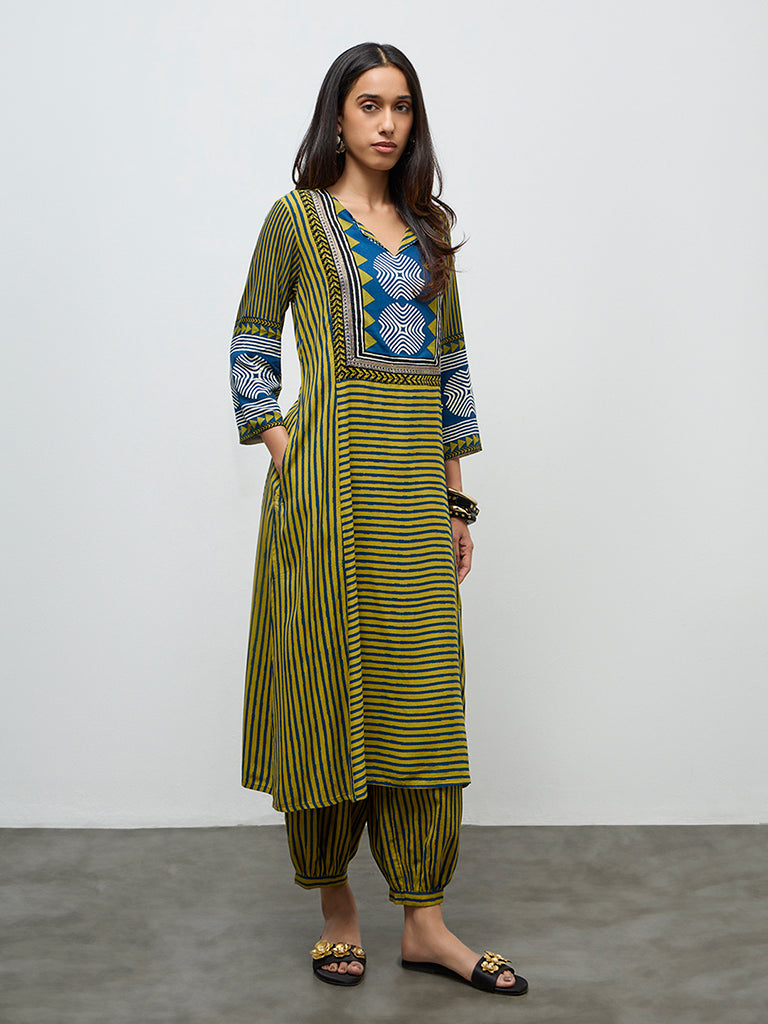 Utsa Olive Striped A-Line Kurta