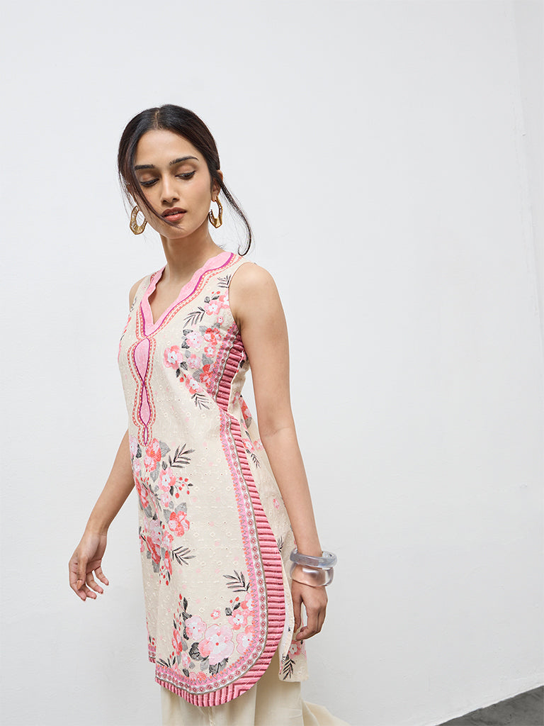 Utsa Off-White Floral Design Cotton Straight Kurta
