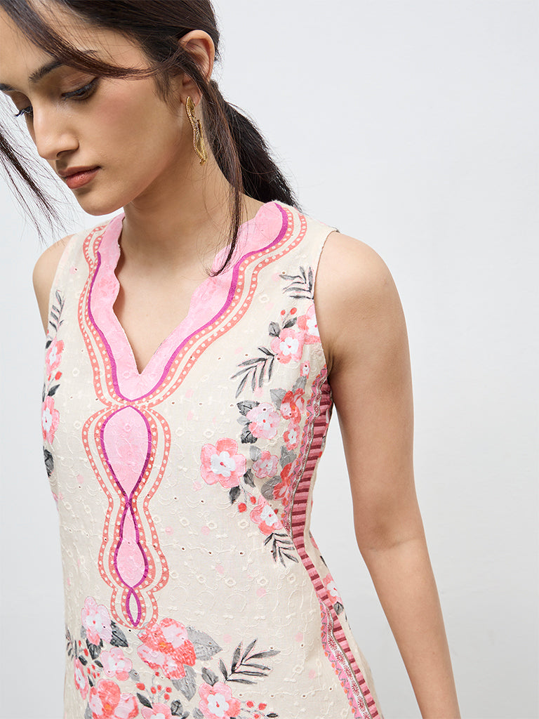 Utsa Off-White Floral Design Cotton Straight Kurta