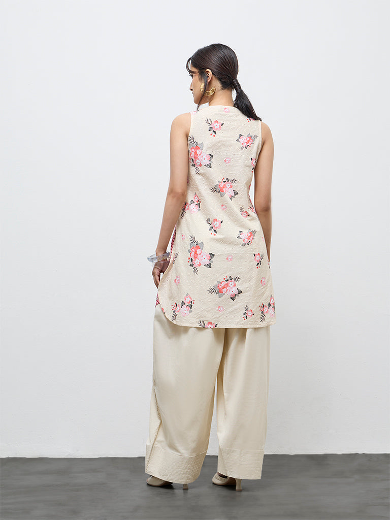 Utsa Off-White Floral Design Cotton Straight Kurta