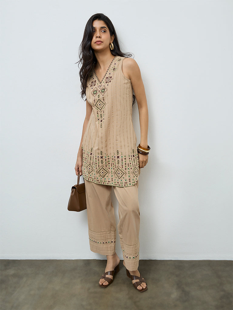Utsa Beige Aztec Embroidered Cotton-Blend Straight Kurti