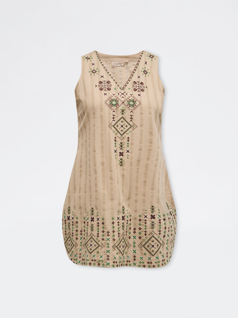 Utsa Beige Aztec Embroidered Cotton-Blend Straight Kurti