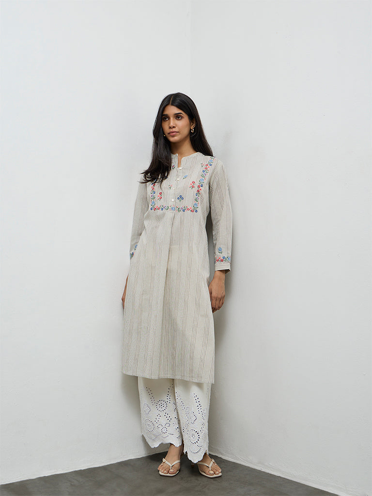 Utsa Off-White Striped Cotton-Blend A-Line Kurta
