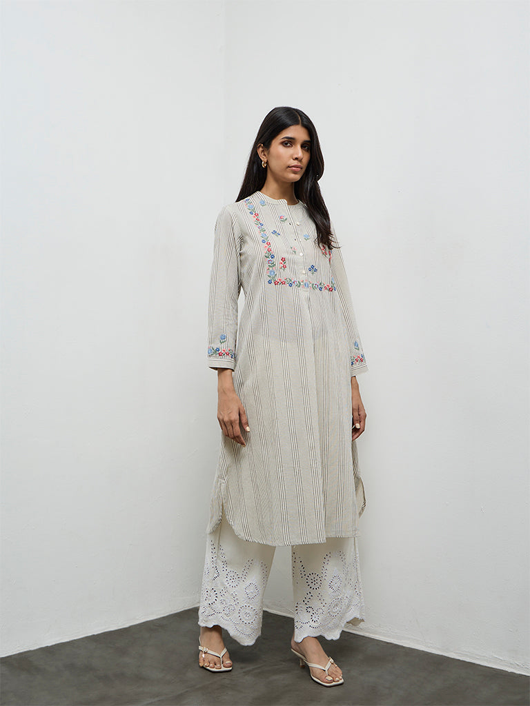 Utsa Off-White Striped Cotton-Blend A-Line Kurta