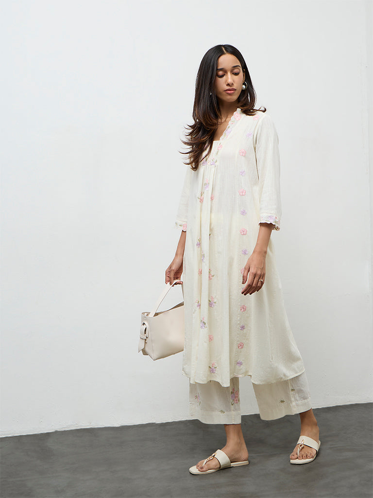 Utsa Off-White Floral Embroidered Cotton-Blend A-Line Kurta