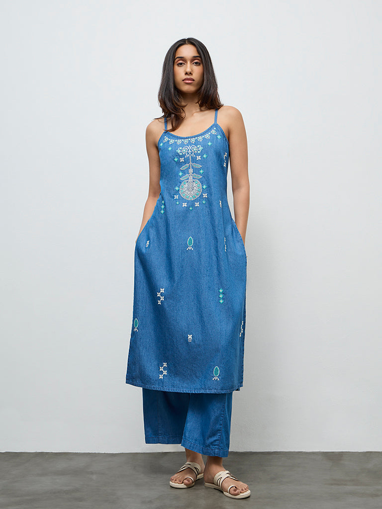Utsa Indigo Embroidered Denim A-Line Kurta