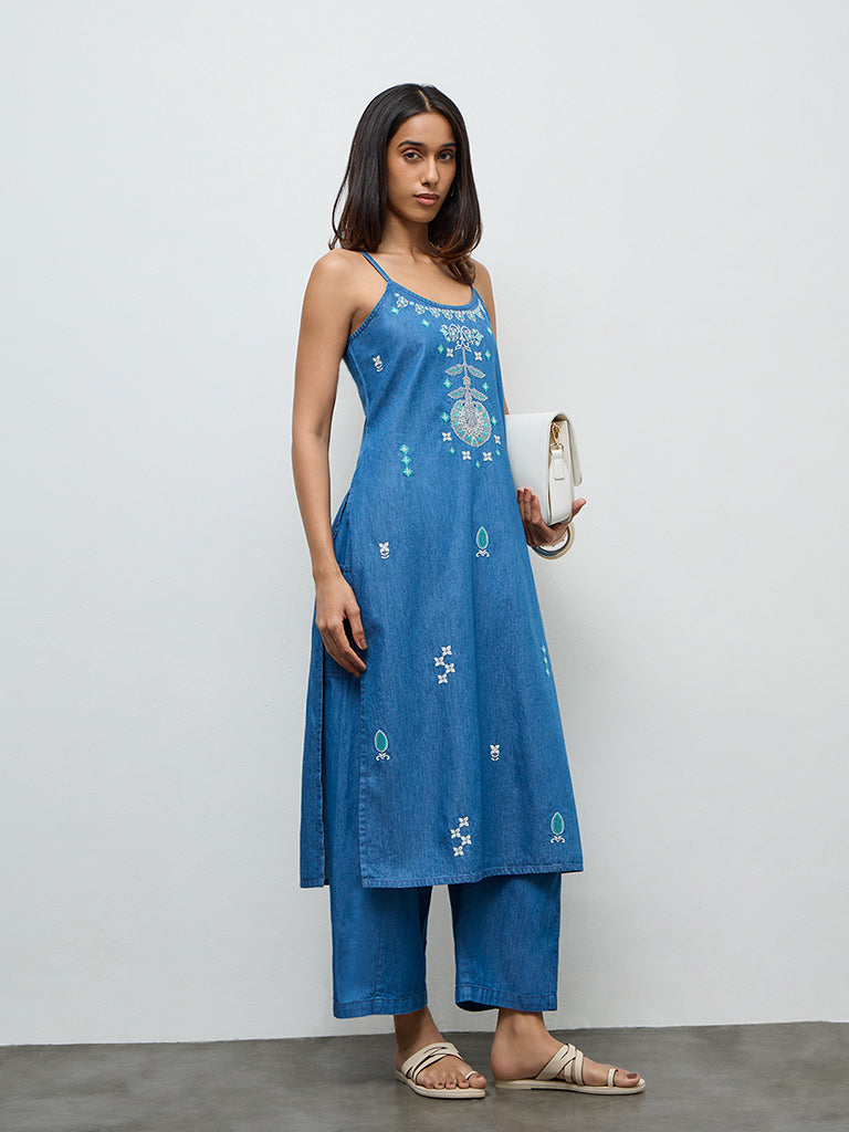 Utsa Indigo Embroidered Denim A-Line Kurta
