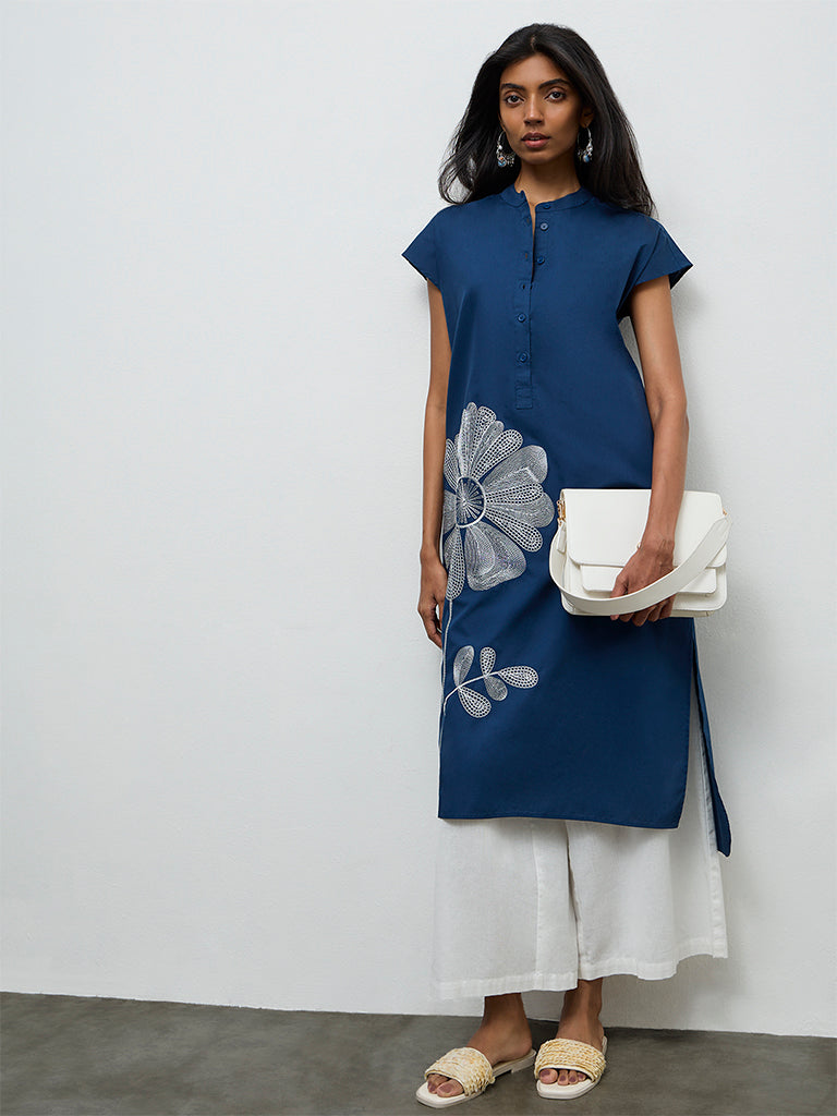 Utsa Indigo Floral Embroidered Cotton A-Line Kurta