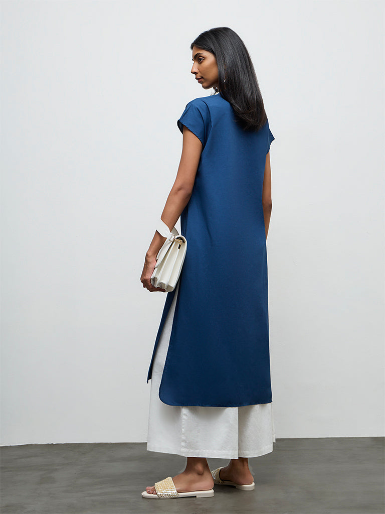 Utsa Indigo Floral Embroidered Cotton A-Line Kurta