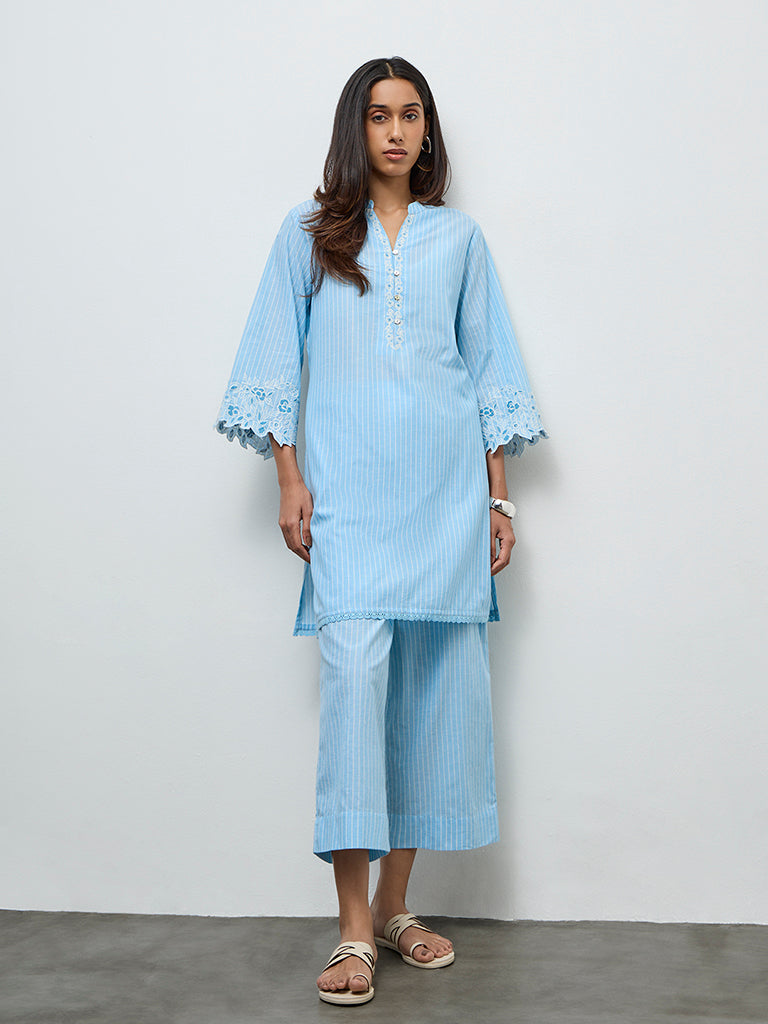 Utsa Blue Striped Straight Cotton Kurta