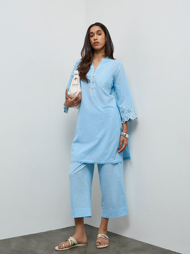 Utsa Blue Striped Straight Cotton Kurta