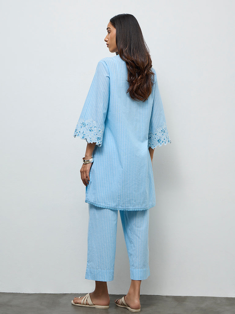 Utsa Blue Striped Straight Cotton Kurta