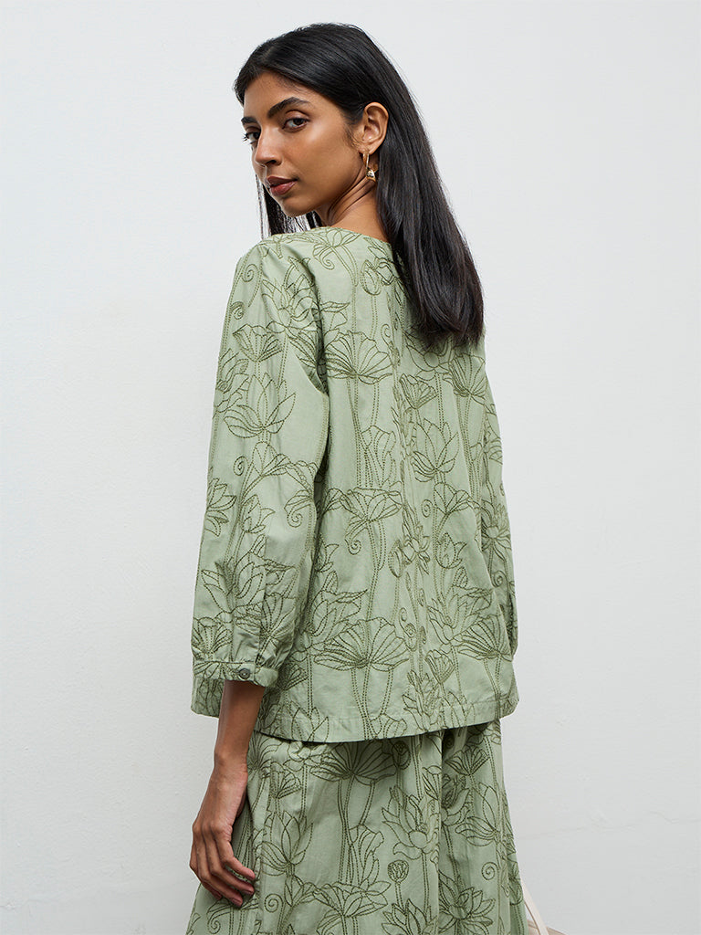 Utsa Sage Floral Embroidered Cotton Tunic