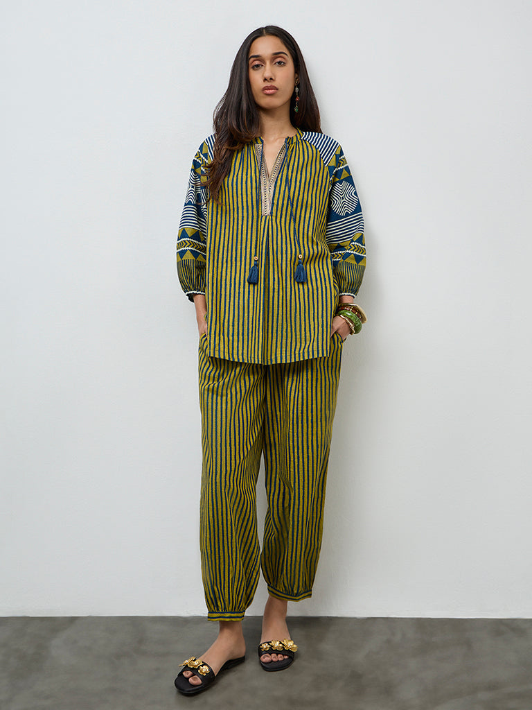 Utsa Olive Striped Cotton Tunic