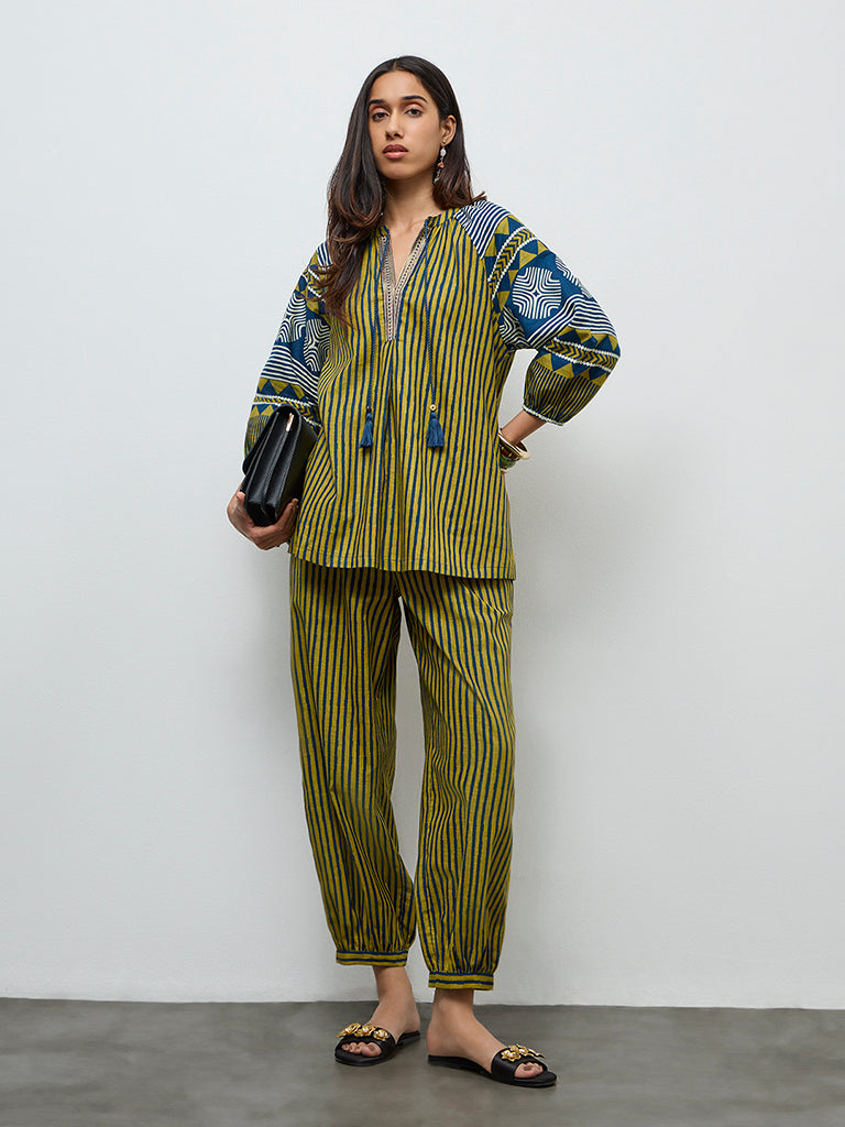 Utsa Olive Striped Cotton Tunic